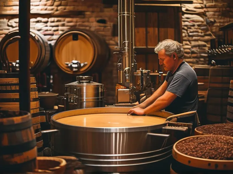 酿酒师在传统烤酒作坊中操作烤酒设备