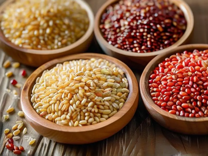 不同品种的高粱谷物特写，展示适合酿酒的红高粱与普通高粱对比