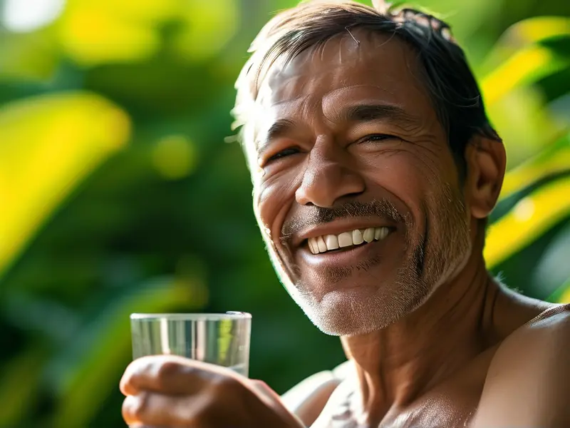 成功戒酒的男人举杯喝水