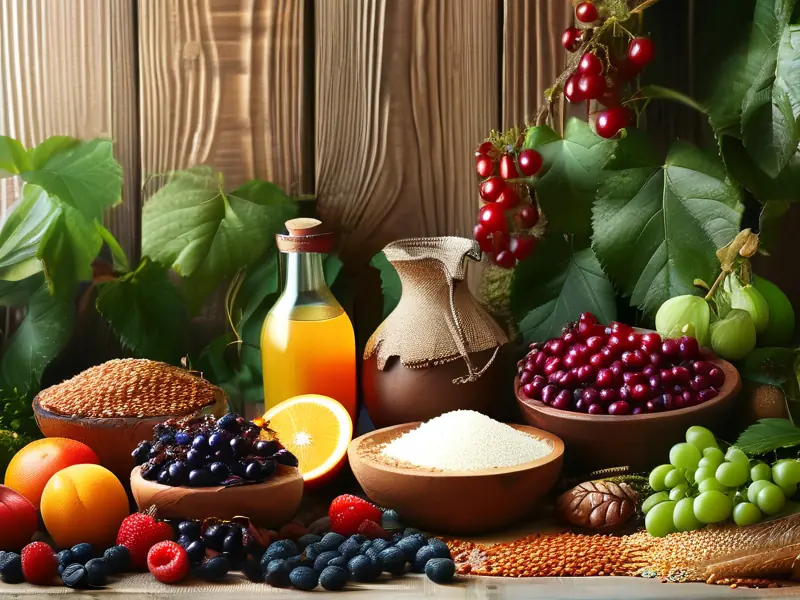多种酿酒原料展示，包括水果、谷物和植物