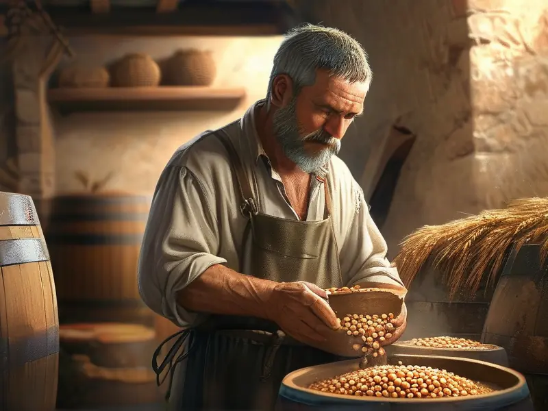 酿酒师混合豌豆与谷物酿造白酒的传统工艺