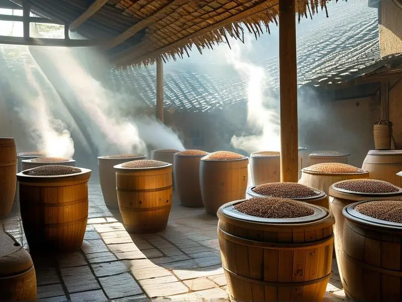 传统白酒酿造现场展示粮食发酵与蒸馏过程