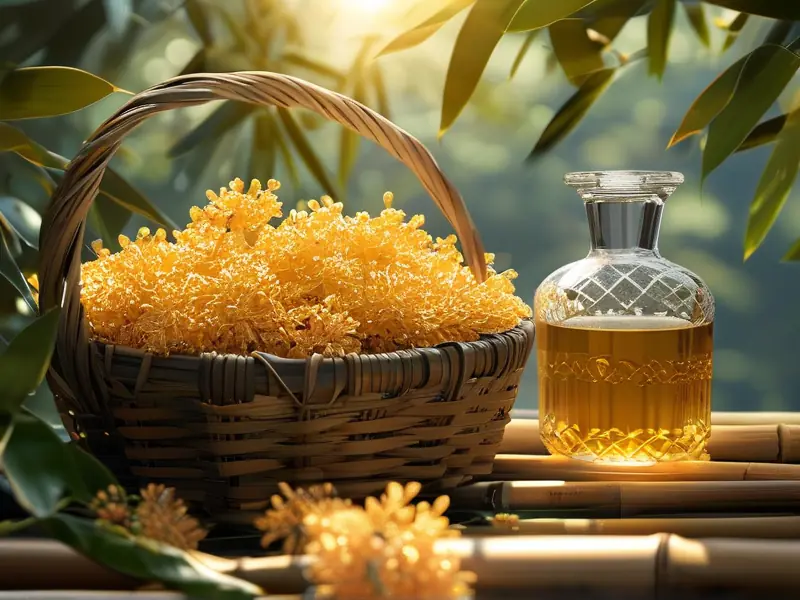 酿桂花酒原料准备：桂花、冰糖、白酒和玻璃罐