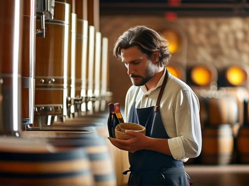 酿酒师检查发酵桶中的酒液