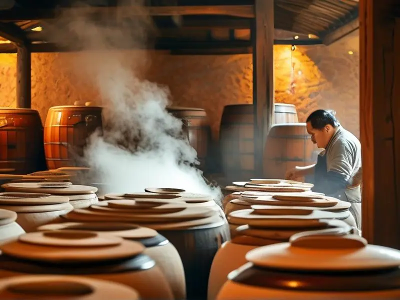 传统酿酒工艺中的发酵与蒸馏过程实景