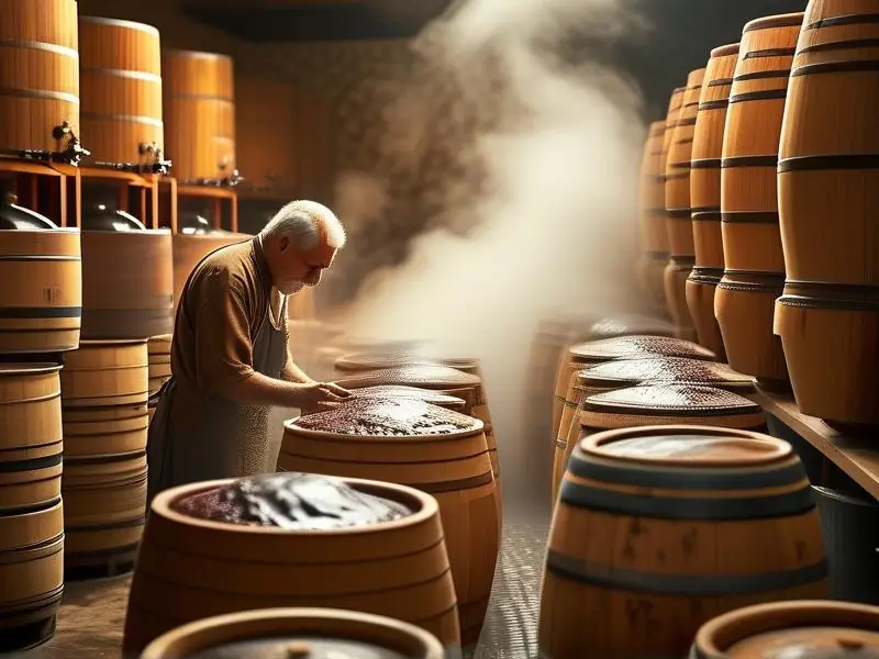 酿酒师傅检查发酵过程的传统工艺场景