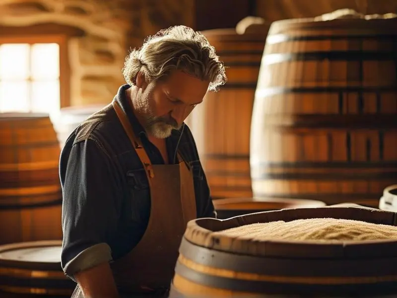 酿酒师检查发酵中的酒糟