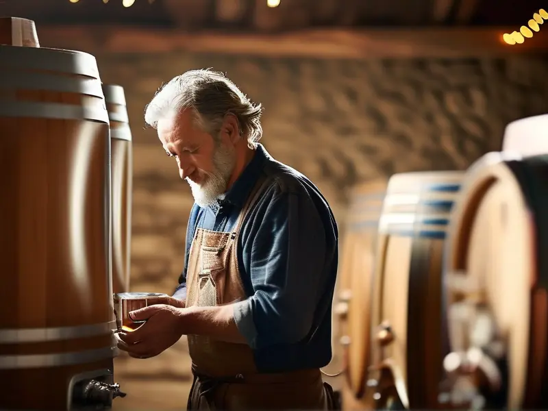 酿酒师检查发酵桶中的酒液