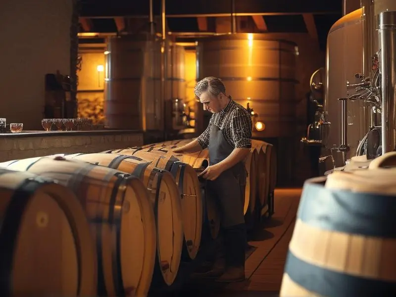 酿酒师检查发酵桶中的酒液