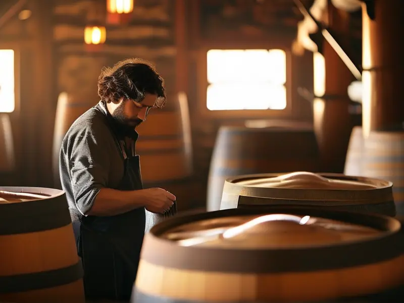 酿酒师检查发酵桶中的酒液