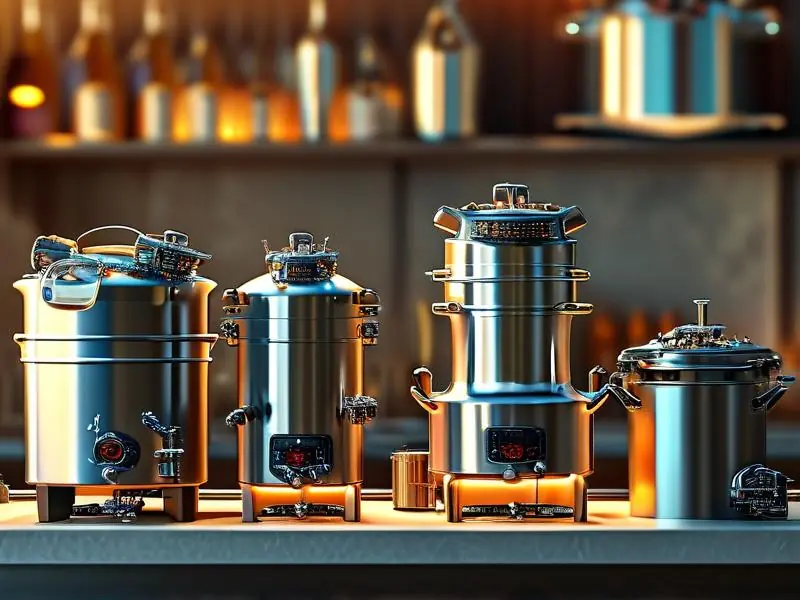多种酿酒设备展示，包括蒸馏器和发酵罐