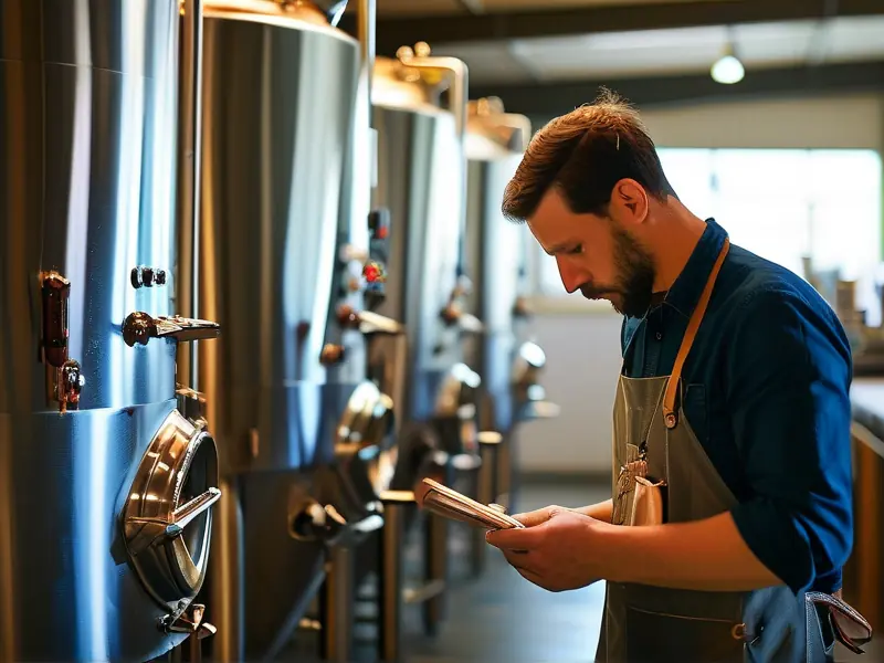 专业酿酒师检查不锈钢酿酒设备