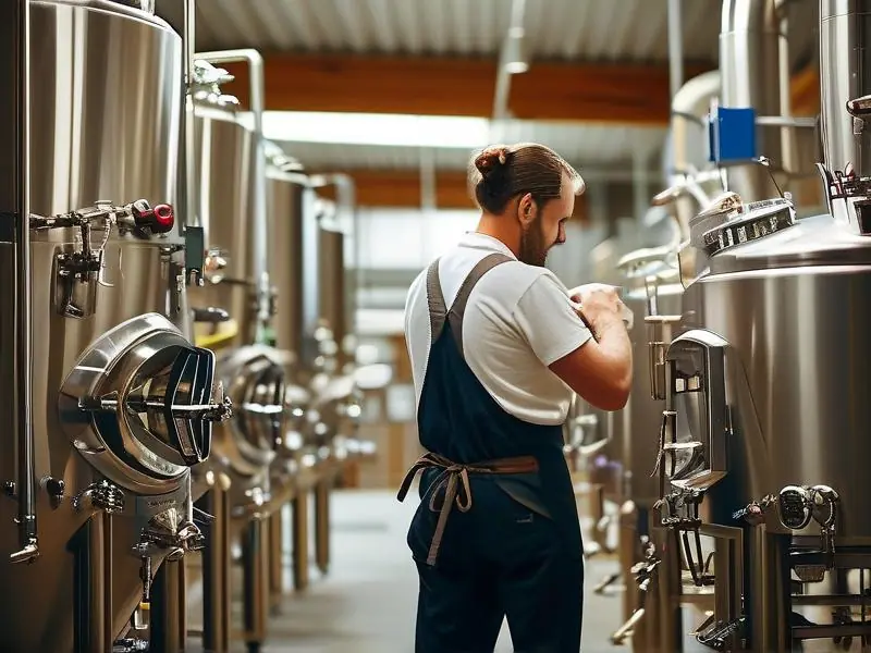 专业酿酒师检查不锈钢酿酒设备