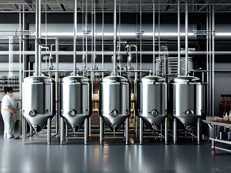 专业酿酒设备全套展示，包含不锈钢发酵罐、蒸馏器及管道系统
