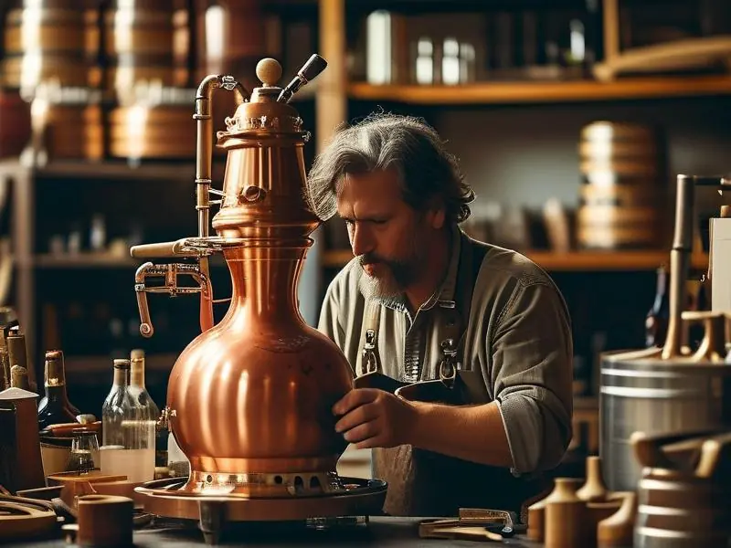 酿酒师手工制作铜制蒸馏器的过程