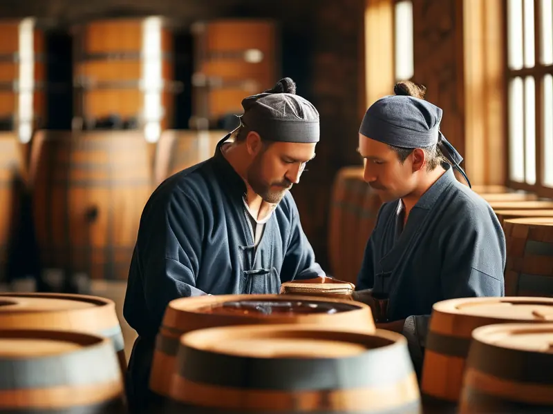 酿酒兄弟在传统酒坊中共同工作