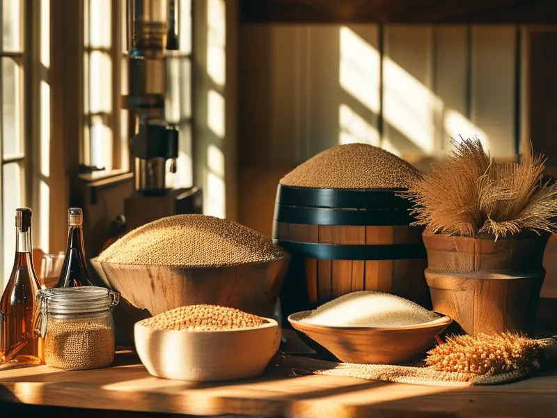 酿酒所需的各种原料和工具整齐摆放