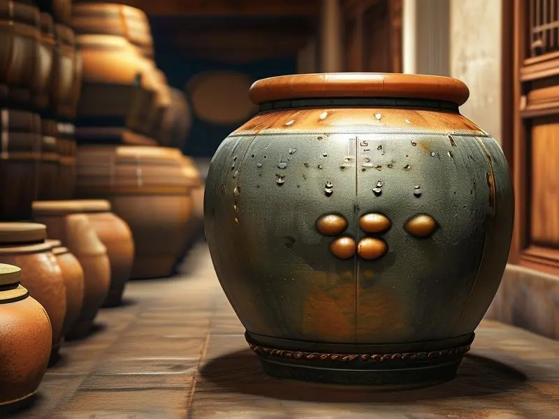 传统陶瓷酿酒发酵缸在酒窖中的实景照片