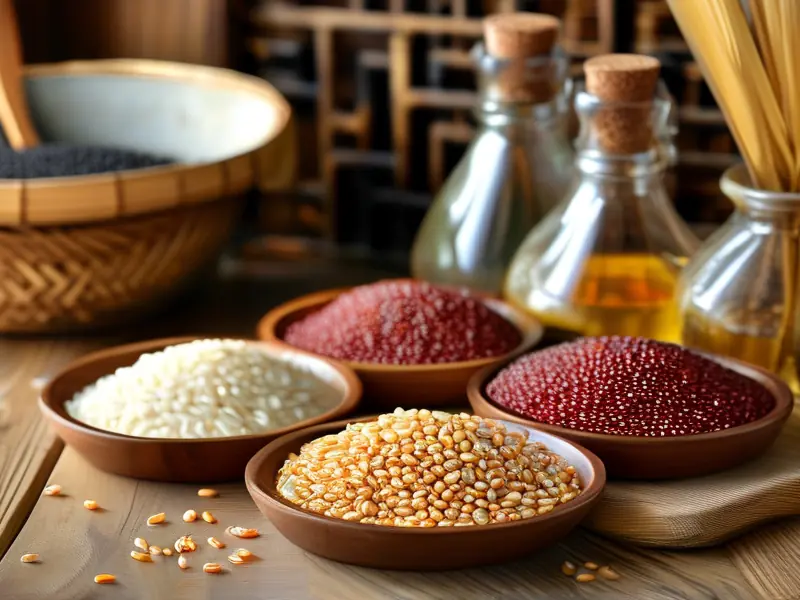多种适合酿酒的粮食展示,包括高粱、大米和玉米