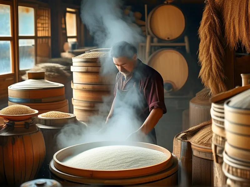 酿酒师演示传统蒸粮工艺过程