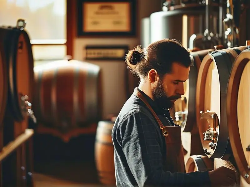 酿酒师在车间检查酒液并展示资格证