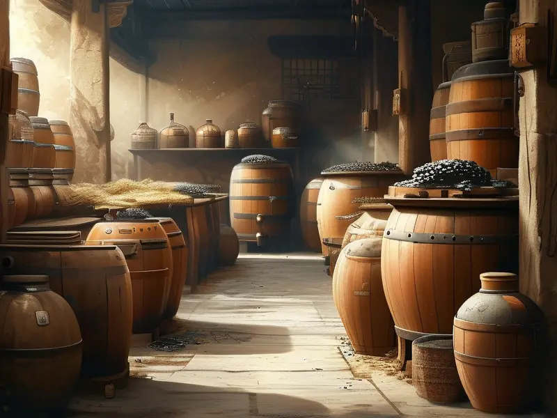 古代酿酒场景，酿酒师在传统酿酒坊中工作