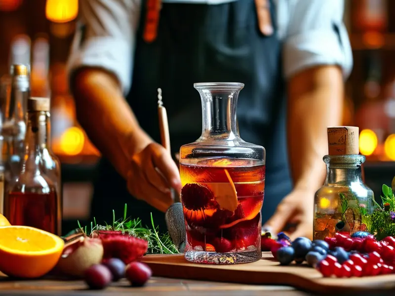 专业调酒师用水果、香草和香料调配自制葡萄酒