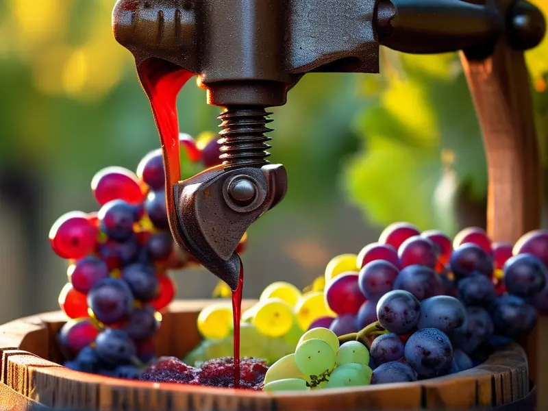 传统压榨葡萄酿造红酒过程实拍