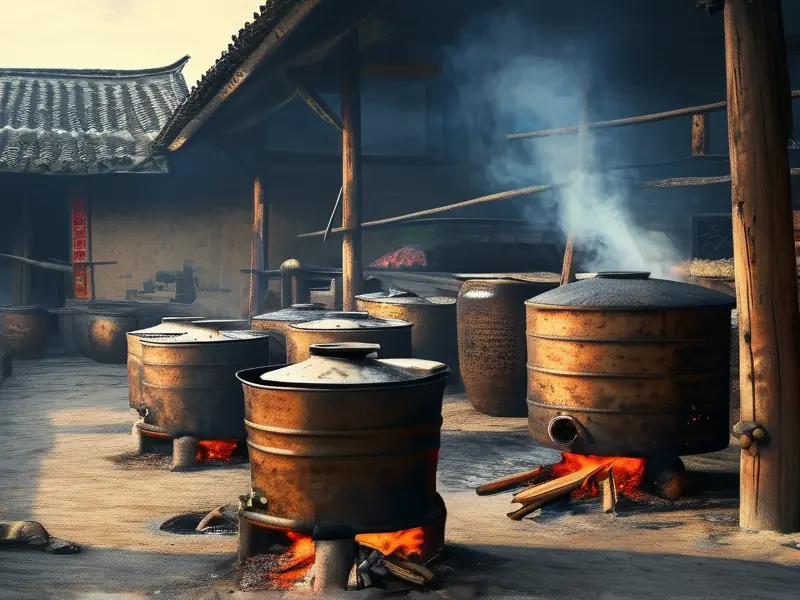 农村传统烧柴火酿酒设备操作场景