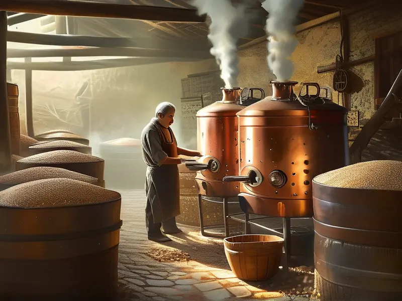 农村小作坊传统烤酒设备工作场景