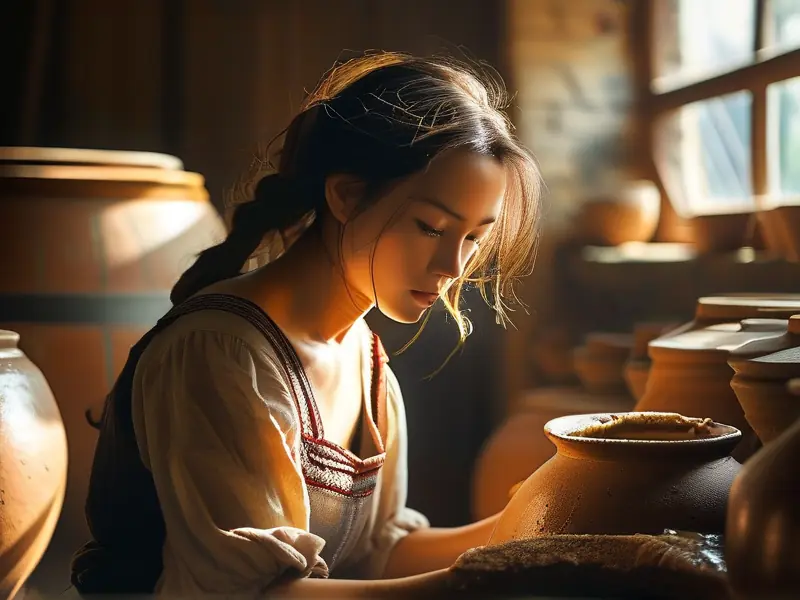 农家酿酒女在传统酿酒坊中工作