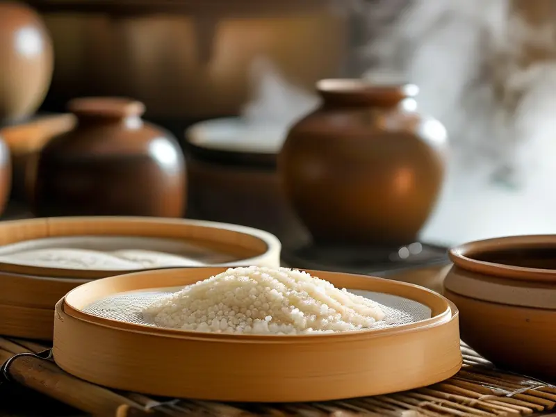 传统糯米酿酒工艺展示：蒸米、拌曲、发酵全过程