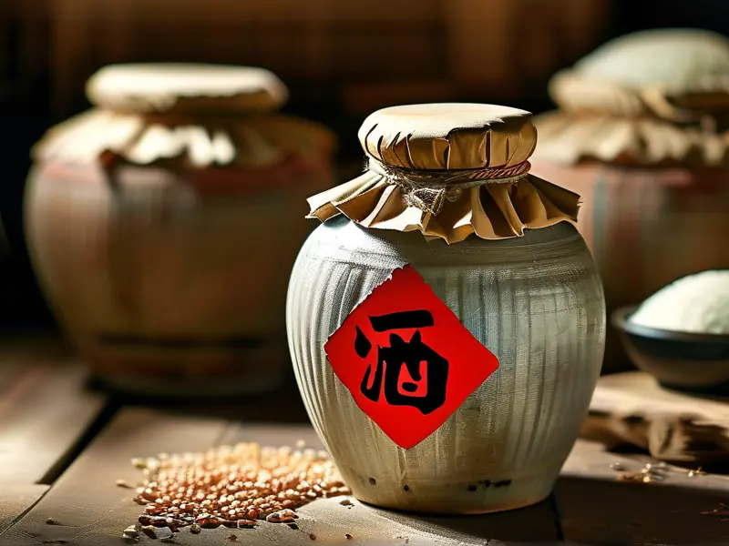 传统工艺酿造的糯米白酒在地窖中储存的场景