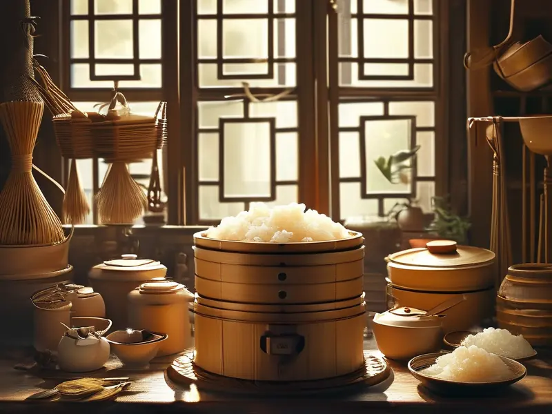 传统糯米烧酒制作场景：木桶中蒸煮的糯米与酿酒器具