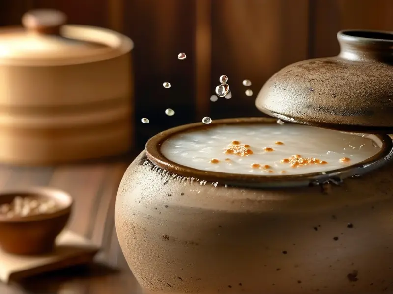 传统陶缸发酵中的糯米甜酒制作过程实拍