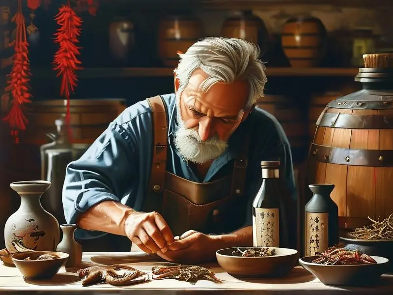 酿酒师调配海马酒的过程