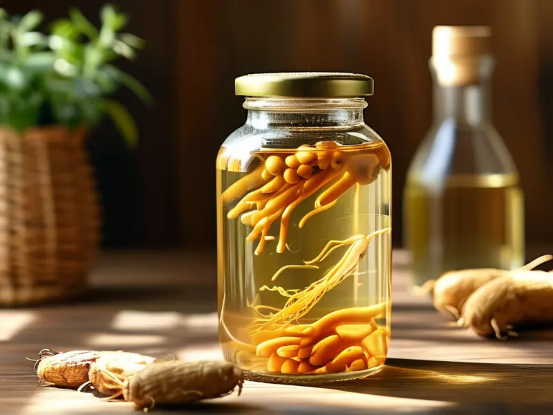 自制人参酒成品展示及原料摆放