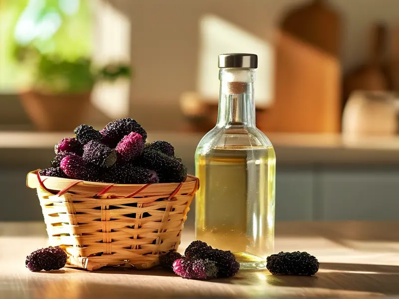 新鲜桑葚和酿酒工具准备制作桑葚酒