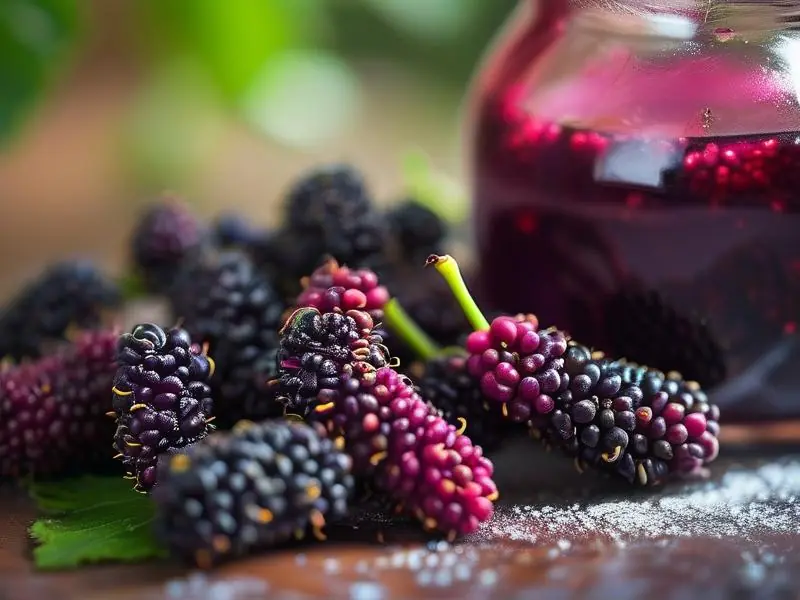 新鲜桑葚浸泡在玻璃罐中制作桑葚酒的过程