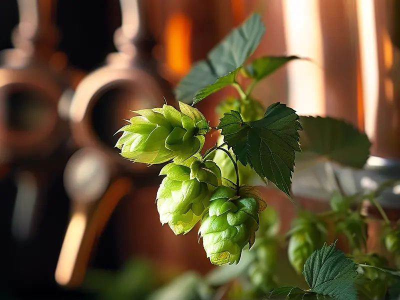 新鲜啤酒花特写与酿酒设备