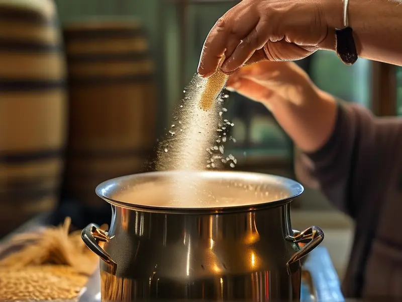 家庭酿酒师正在向煮沸的麦芽汁中添加啤酒花