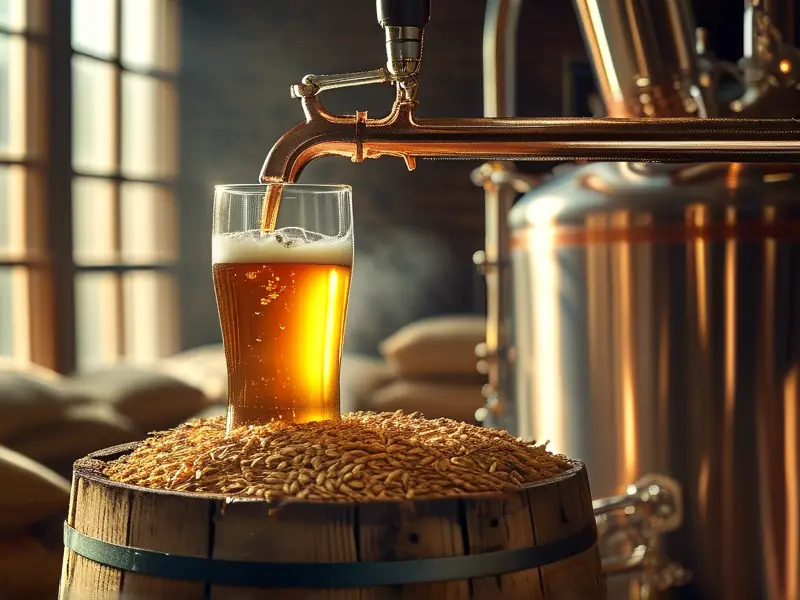啤酒酿造车间实景：糖化设备与发酵罐工作流程