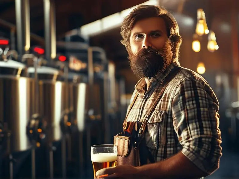 专业酿酒师手持啤酒和白酒站在现代化酿酒厂中