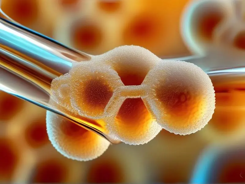 显微镜下的酵母细胞与背景中的新鲜啤酒