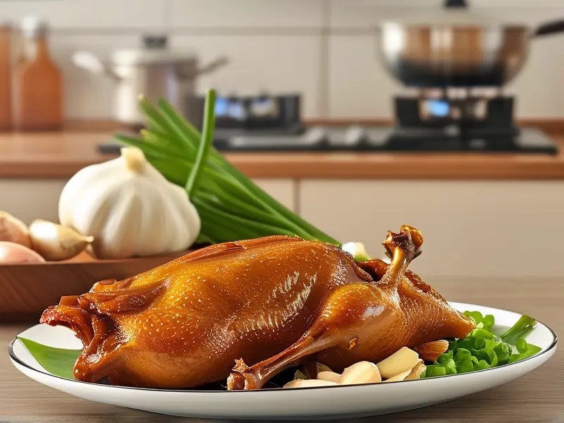 金黄酥脆的皮酒鸭特写