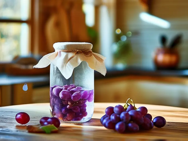家庭自酿葡萄酒原料准备阶段：葡萄与白糖在玻璃罐中混合