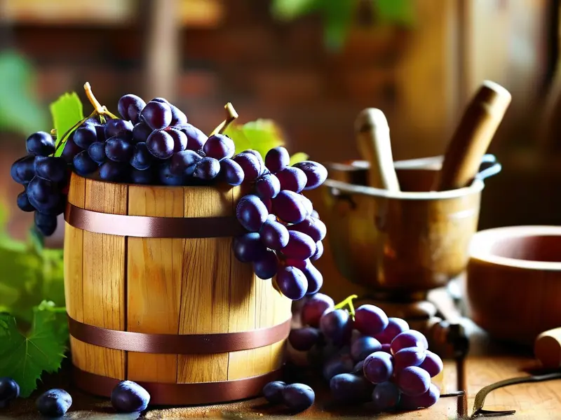 传统木桶中新鲜紫葡萄被压碎发酵的特写