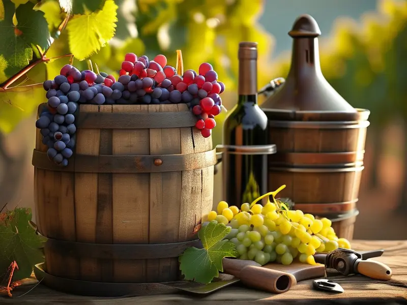 新鲜葡萄和酿酒工具