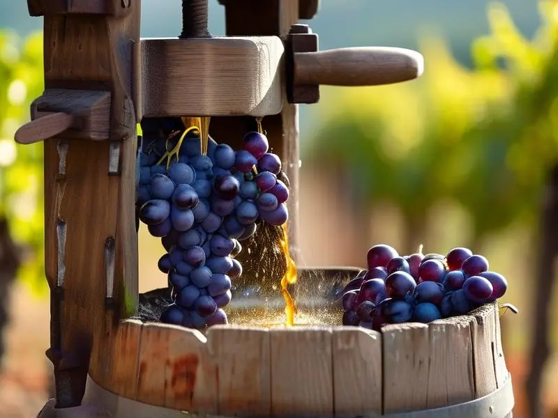 传统木制压榨机压碎新鲜葡萄酿制葡萄酒的过程