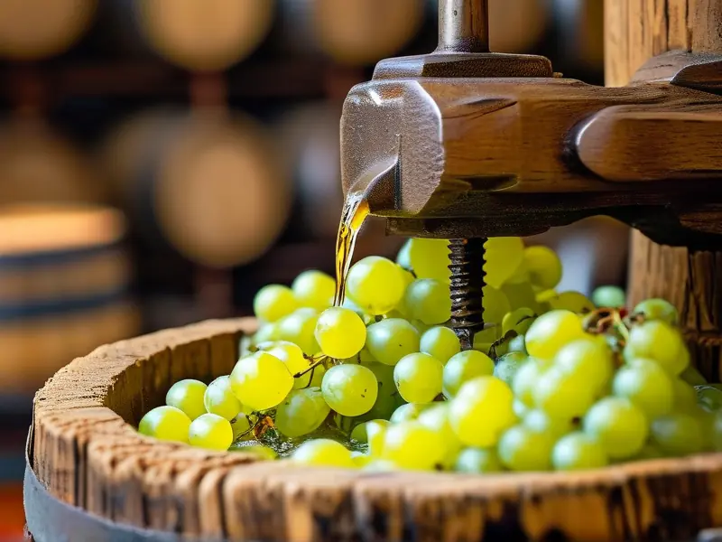 传统木制压榨机压榨新鲜葡萄的酿酒过程